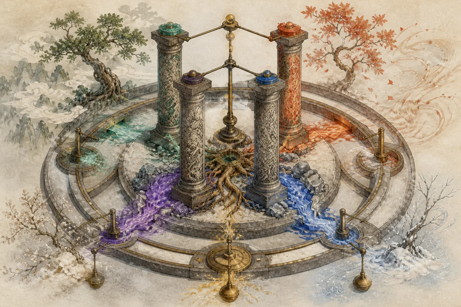 四柱与五行力量在平衡仪中流动的插画