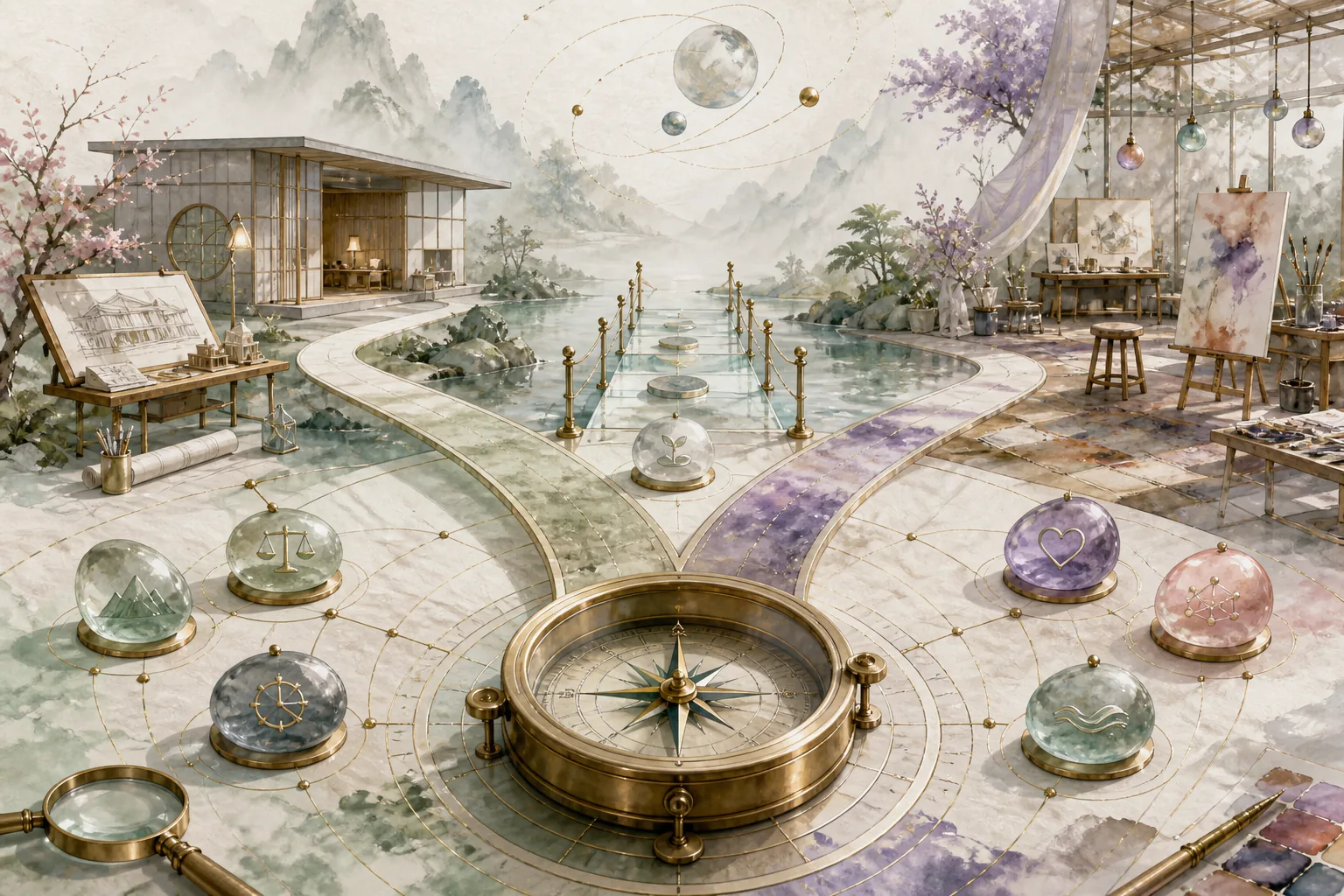 职业路径在指南针与试验桥前分岔的插画